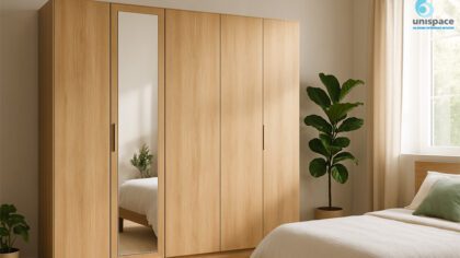 Eco-friendly wooden wardrobe in minimalist bedroom