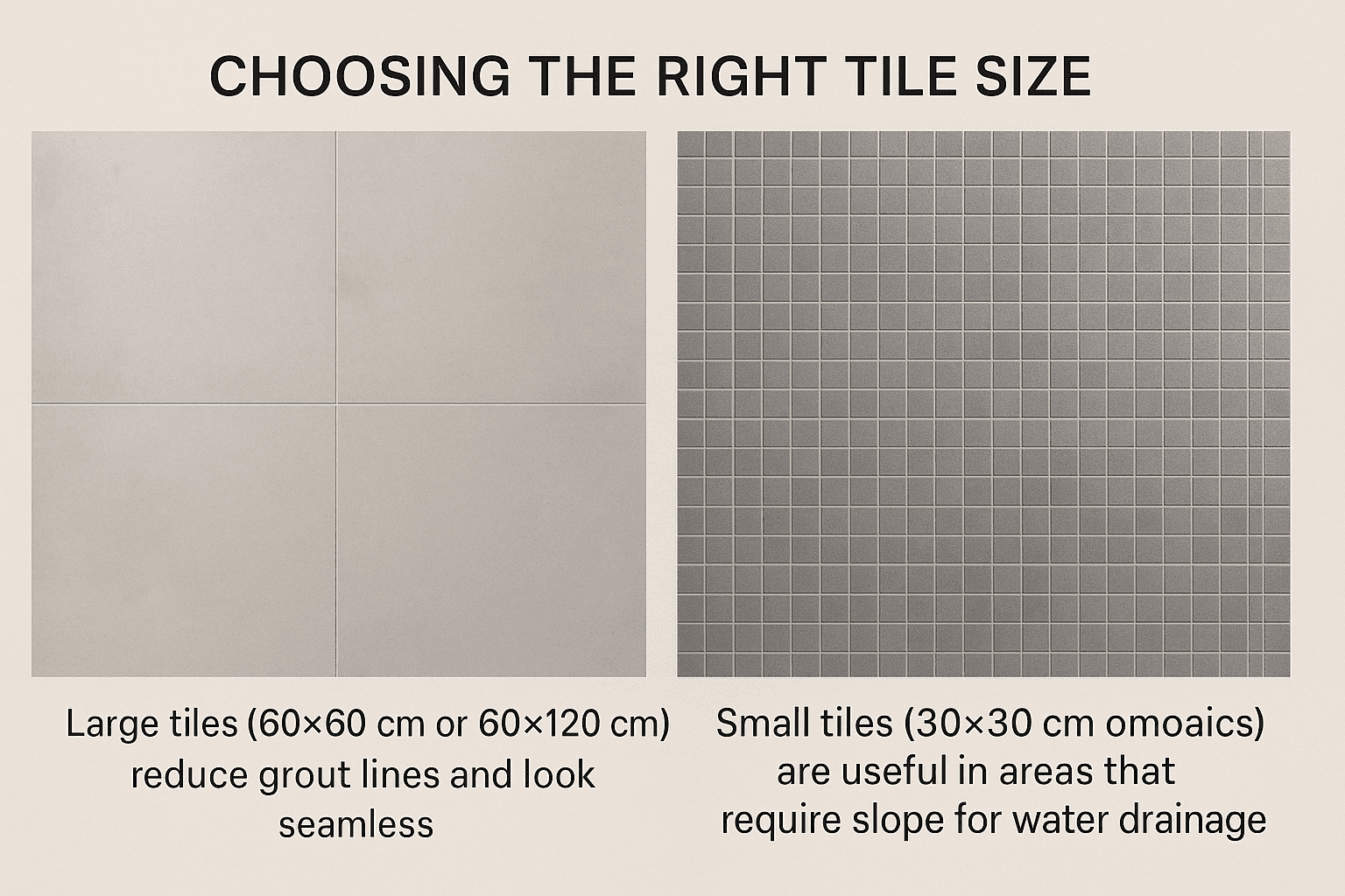 Comparison of large bathroom tiles (60×60 cm) and small mosaic tiles (30×30 cm) with clear size labels and usage notes