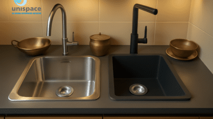 Landscape view of Reginox and Carysil kitchen sinks side by side in a modern Indian kitchen, showing their design and material differences.