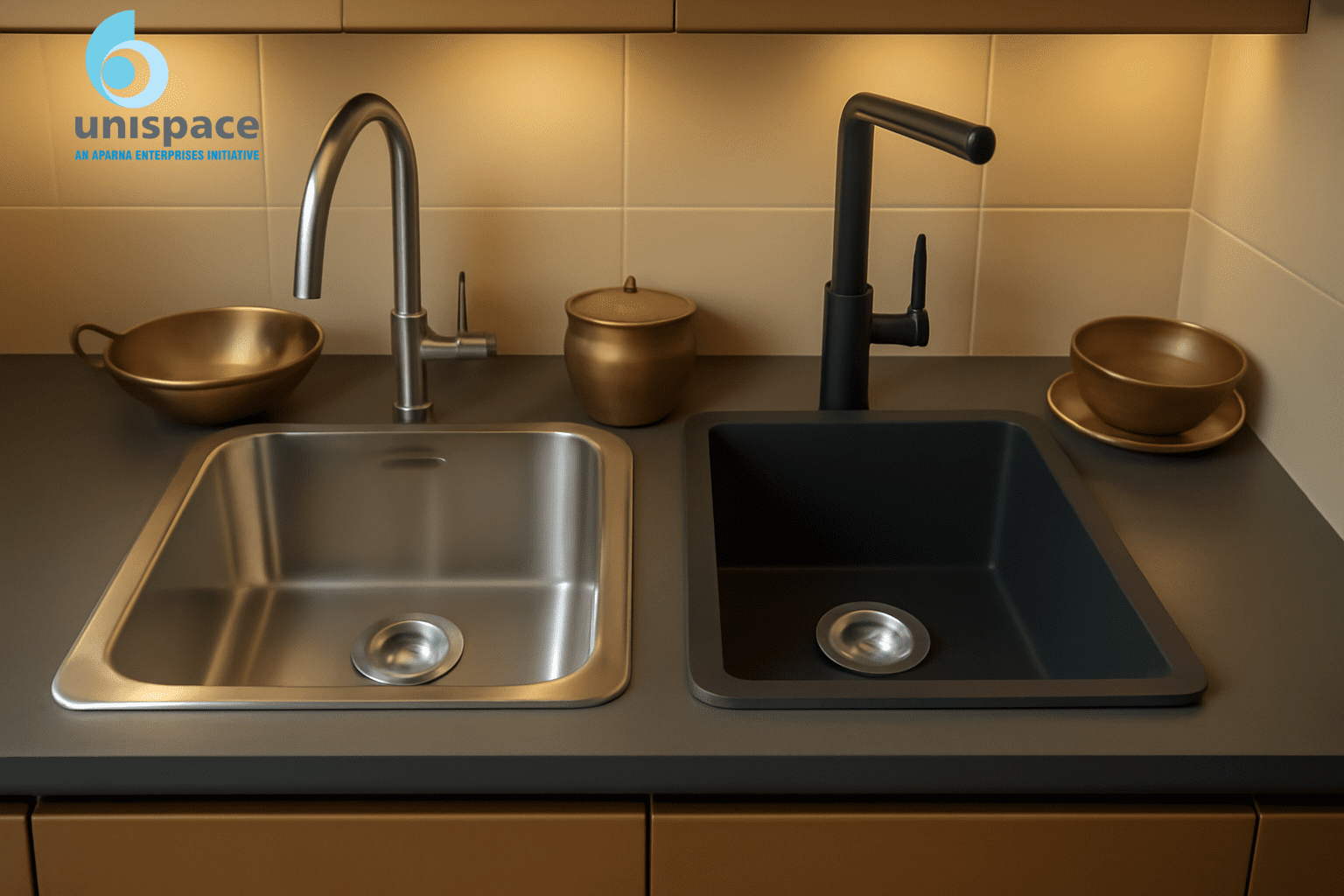 Landscape view of Reginox and Carysil kitchen sinks side by side in a modern Indian kitchen, showing their design and material differences.