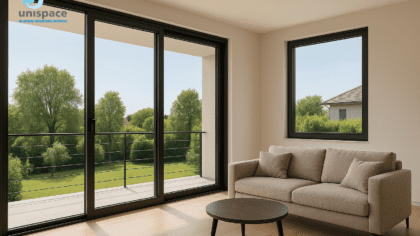 Aluminium sliding doors and windows in modern living room with garden view