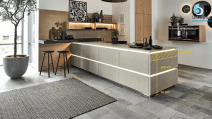 Modern kitchen interior featuring stylish carpet tiles for home flooring