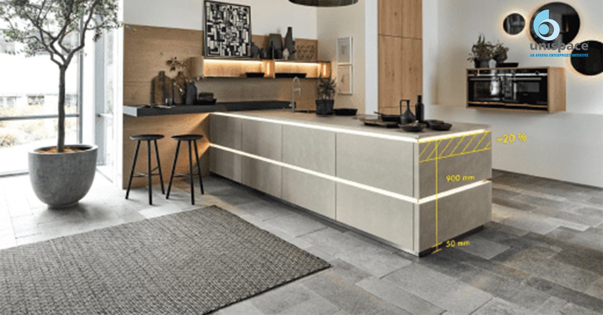 Modern kitchen interior featuring stylish carpet tiles for home flooring