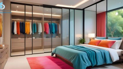 Modern bedroom with glass wardrobe and colorful interior design by Unispace