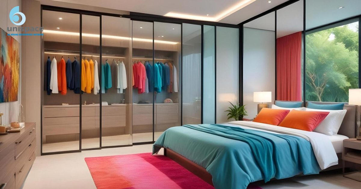 Modern bedroom with glass wardrobe and colorful interior design by Unispace